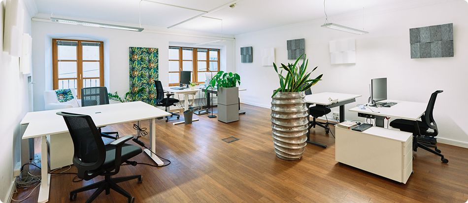 Ein Büroraum mit 6 Schreibtischen in weiß, davor Bürostühle in Schwarz und dazwischen Pflanzen in sehr großen Behältnissen. An der Wand hängen weiße und grauen Schalldämpfer in quadratischer Form.